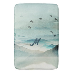 Tapis De Bain Calme Monogramme Nature Aquarelle paysage de monta