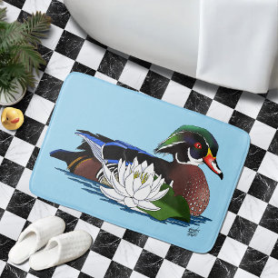Tapis De Bain Canard en bois coloré nénuphar faune bleu