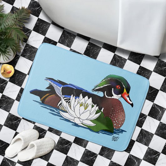 Tapis De Bain Canard en bois coloré nénuphar faune bleu