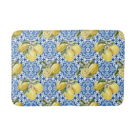Tapis De Bain Carreaux bleus motif Méditerranée Lemon (Devant)