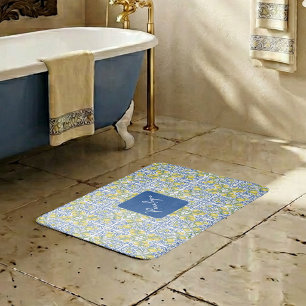 Tapis De Bain Carreaux Méditerranéens Bleus et Jaunes à Motif de