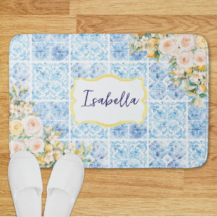 Tapis De Bain Carreaux Méditerranéens Bleus Monogrammés Fleur Ci