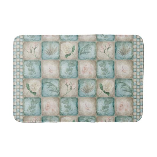 Tapis De Bain Carrelage botanique vieilli - Aqua et os (Devant)