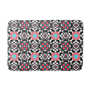 Tapis De Bain Carrelage marocain floral, noir, blanc et rose cor