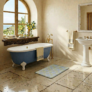 Tapis De Bain Carrelage Motif Méditerranéen Bleu et Jaune Citron