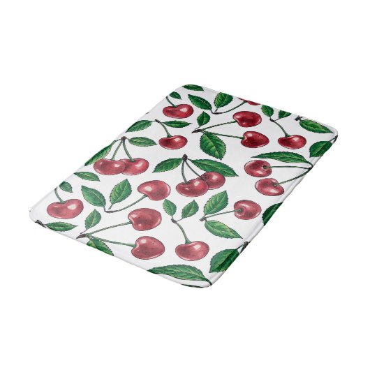 Tapis De Bain Cerises rouges sur blanc (Angle)