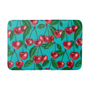 Tapis De Bain Cerises rouges sur turquoise