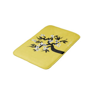 Tapis De Bain Cerisier noir, blanc inséparable jaune