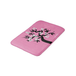 Tapis De Bain Cerisier noir, inséparables blancs, fleurs rose