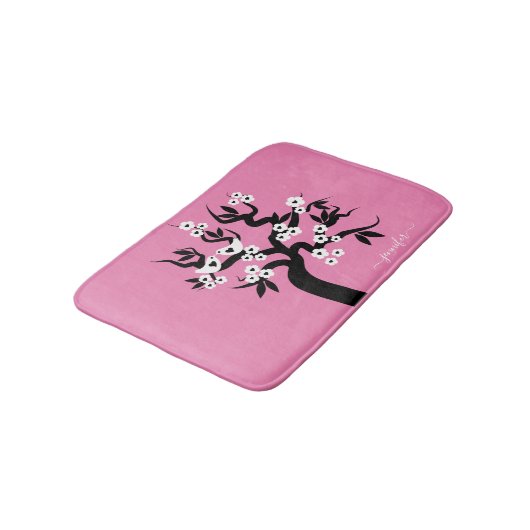 Tapis De Bain Cerisier noir, inséparables blancs, fleurs rose (Angle)