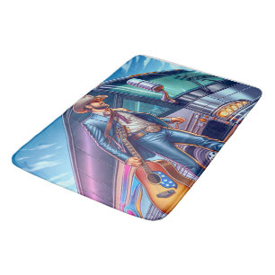 Tapis De Bain Chanteur de pays masculin avec guitare et Tour Bus