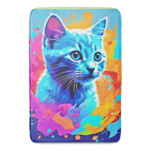 Tapis De Bain Chat au Néon Bleu en Splatter