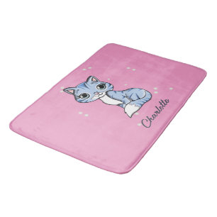 Tapis De Bain Chat bleu mignon sur nom personnalisé rose