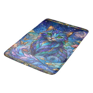 Tapis De Bain Chat Cosmique Vitrail Surréaliste Yeux Bleus Verts