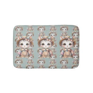 Tapis De Bain Chat Cottagecore au look Pastel en Salopette & Cha