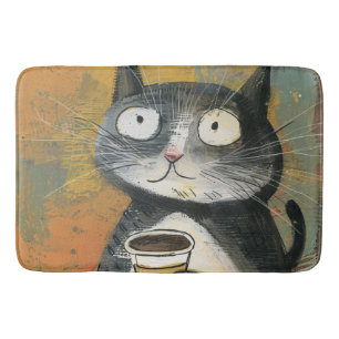 Tapis De Bain Chat gris avec du café sur fond ocre