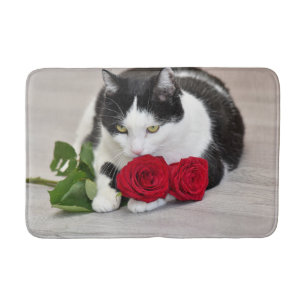 Tapis De Bain Chat mignon avec la rose rouge