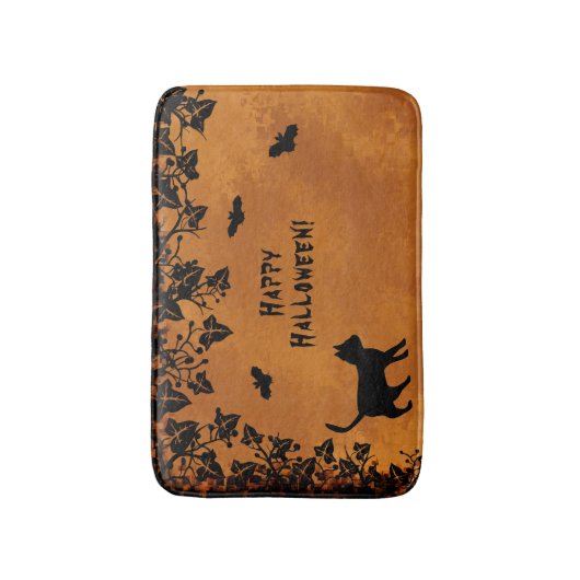 Tapis De Bain Chat noir avec chauve-souris, Happy Halloween (Devant (Vertical))
