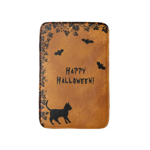 Tapis De Bain Chat noir avec chauve-souris, Happy Halloween