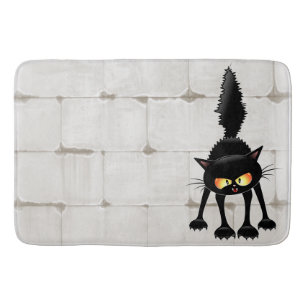 Tapis De Bain Chat noir de dessin animé drôle et féroce