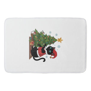 Tapis De Bain Chat noir de Noël Chapeau de Père Noël Arbre Souri