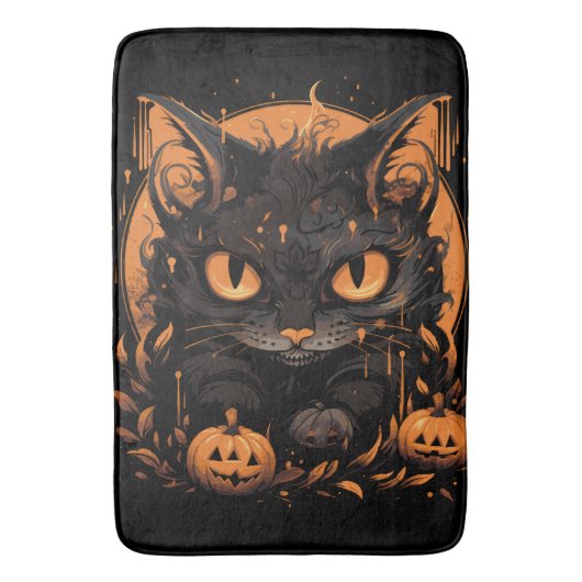 Tapis De Bain Chat noir d'Halloween avec Citrouilles et lune (devant Vertical)