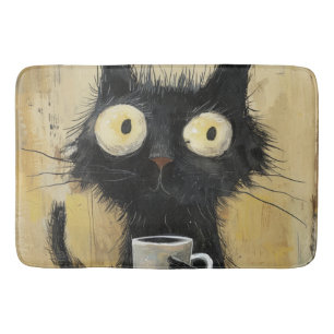Tapis De Bain Chat noir énervé avec café sur fond brun grunge