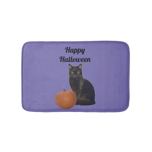 Tapis De Bain Chat noir et Citrouille Joyeux Halloween violet (Devant)