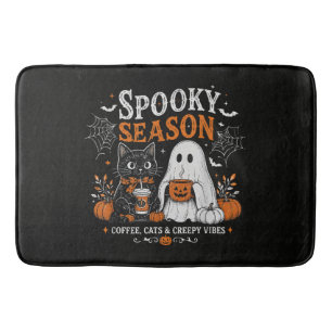 Tapis De Bain Chat noir et fantôme amateur de café Halloween drô