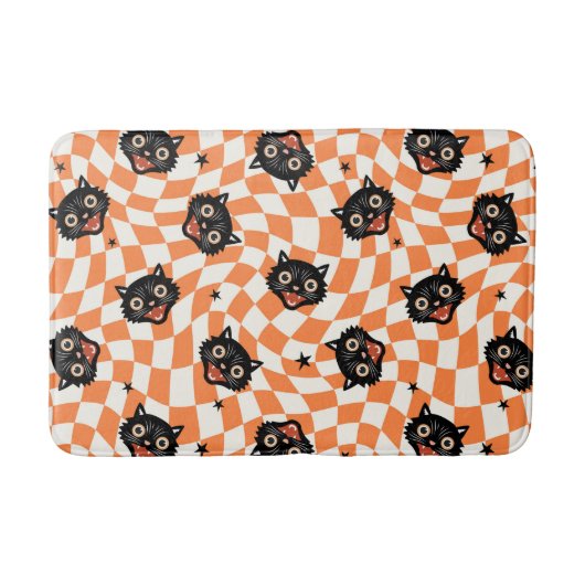Tapis De Bain Chat noir rétro Motif chèque orange (Devant)