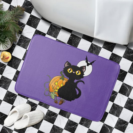 Tapis De Bain Chat noir violet Citrouille d'Halloween