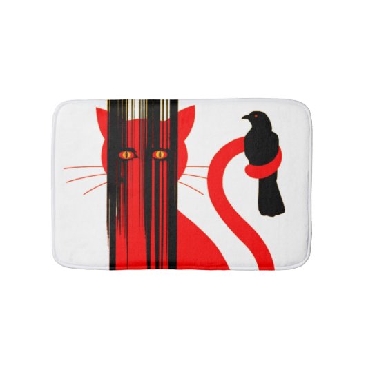 Tapis De Bain Chat rouge et illustration d'oiseau noir (Devant)