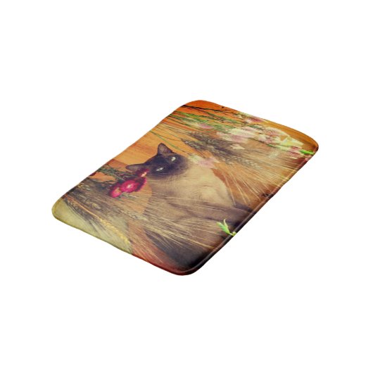 Tapis De Bain Chat Siamois Posé Avec Fleurs (Angle)