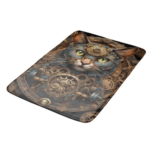 Tapis De Bain chat steampunk bleu AI art Bath Mat (Angle)