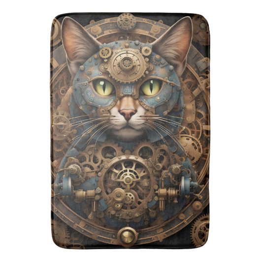 Tapis De Bain chat steampunk bleu AI art Bath Mat (devant Vertical)