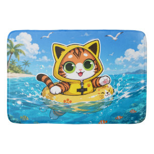 Tapis De Bain Chat Tabby Kawaii en Gilet de Sauvetage Jaune & Ce