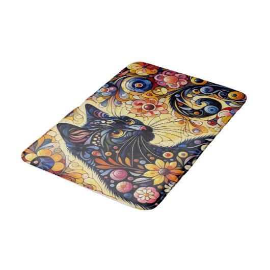 Tapis De Bain Chat Whimsical Noir Abstrait peinture florale Art (Angle)