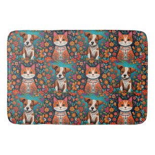 Tapis De Bain Chats de Whimsical et Chien avec Fleurs d'Art Folk