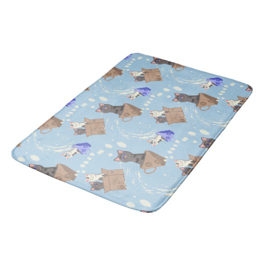Tapis De Bain Chats en boîte et gouttes de lait sur bleu (Angle)