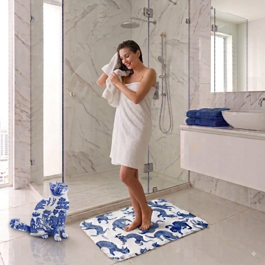 Tapis de bain Chats Flottants Bleu et Blanc de Sty