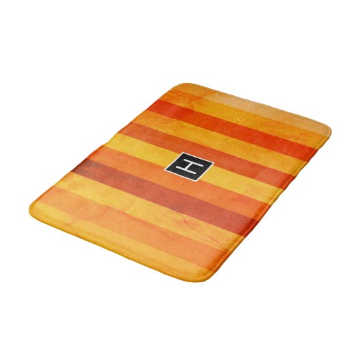 Tapis De Bain Chaud Patiné Orange Rouge rayures Monogramme (Angle)