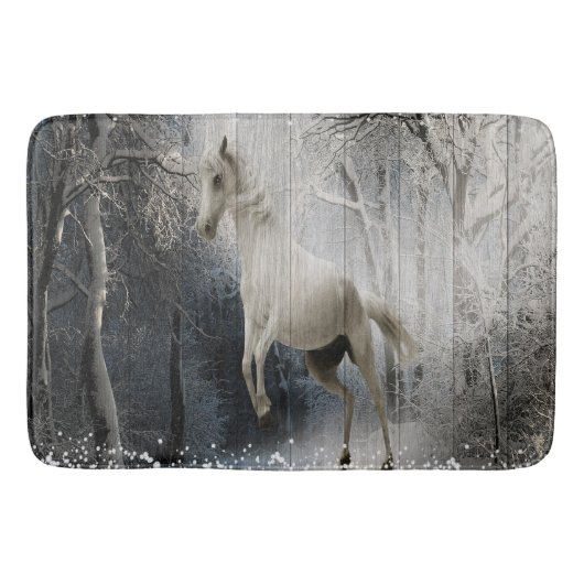 Tapis De Bain Cheval blanc sur texture bois rustique en hiver en (Devant)
