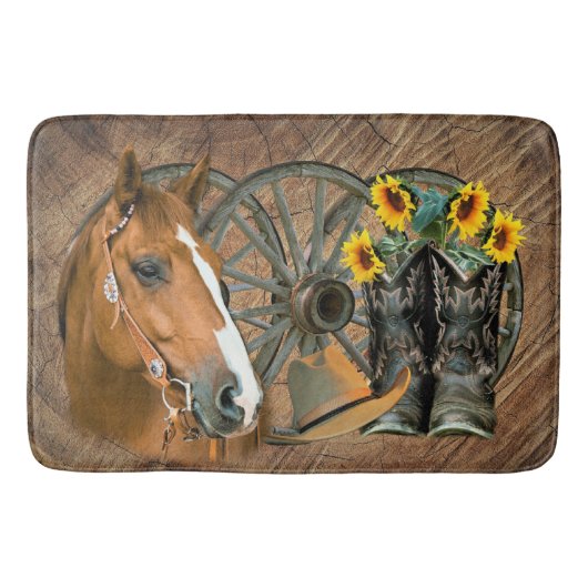 Tapis De Bain Cheval Boot Boots Wagon Wheels Sunflower Western (Devant)