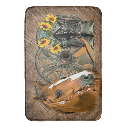 Tapis De Bain Cheval Boot Boots Wagon Wheels Sunflower Western (devant Vertical)