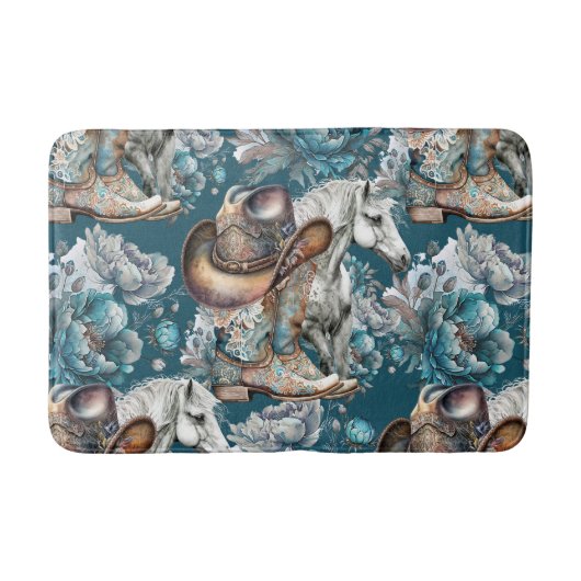 Tapis De Bain Cheval fille cowgirl motif floral turquoise (Devant)