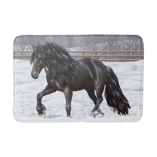 Tapis De Bain Cheval Noir Friésien En Neige (Devant)