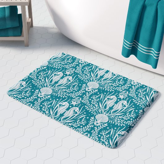 Tapis De Bain Chevaux de mer Turquoise Bleu Blanc Damas Océan Mo