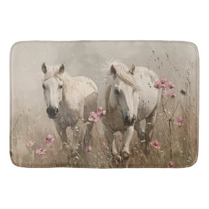 Tapis De Bain Chevaux gris Fleurs roses Peinture à l'huile