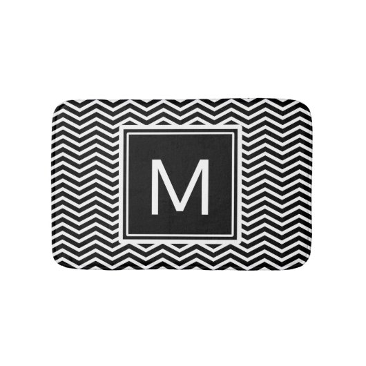 Tapis De Bain Chevrons noirs et blancs modernes avec Monogramme (Devant)