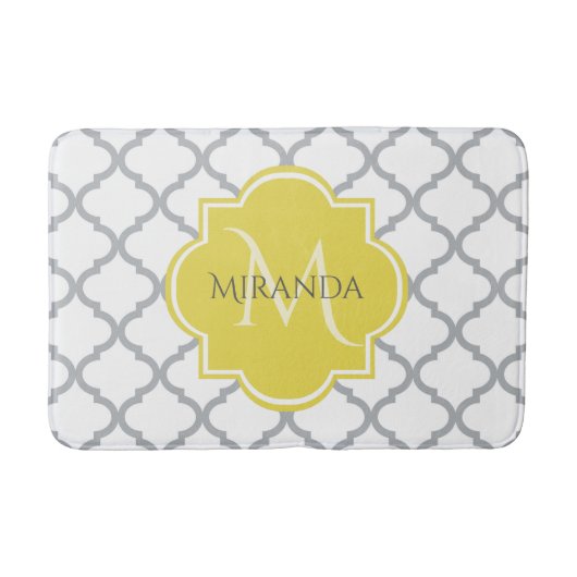 Tapis De Bain Chic Blanc Gris Quatrefoil Jaune Nom Monogramme (Devant)